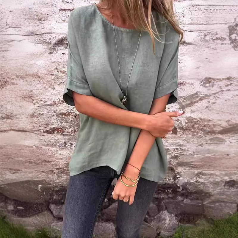 Women's Linen Blend Loose Fit T-Shirt - Short Sleeve Curved Hem Casual