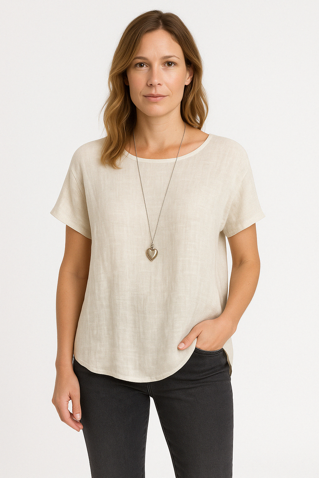 Women's Linen Blend Loose Fit T-Shirt - Short Sleeve Curved Hem Casual White