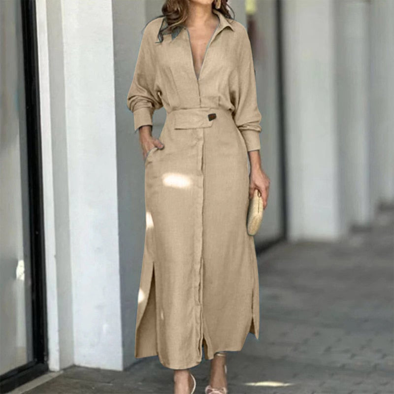 Women's Linen Blend Maxi Shirt Dress - Button Down, Belted, Long Sleeve Beige