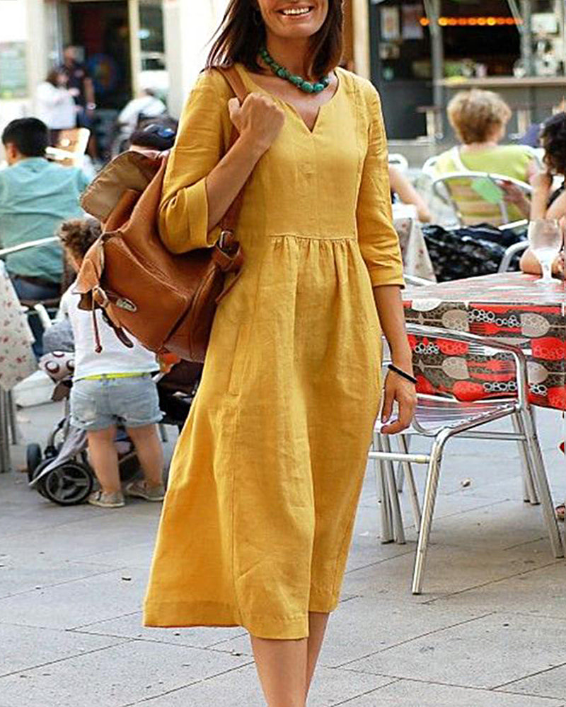Women's Linen Blend Midi Dress - V-Neck, Three-Quarter Sleeve, Relaxed Fit Yellow