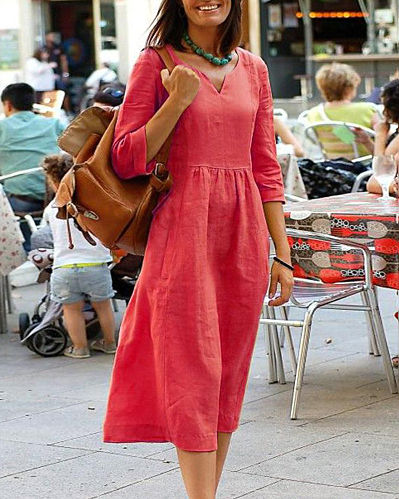 Women's Linen Blend Midi Dress - V-Neck, Three-Quarter Sleeve, Relaxed Fit Red