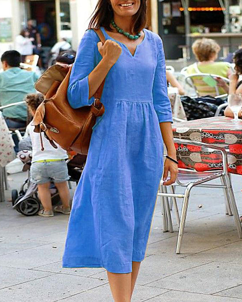 Women's Linen Blend Midi Dress - V-Neck, Three-Quarter Sleeve, Relaxed Fit Blue