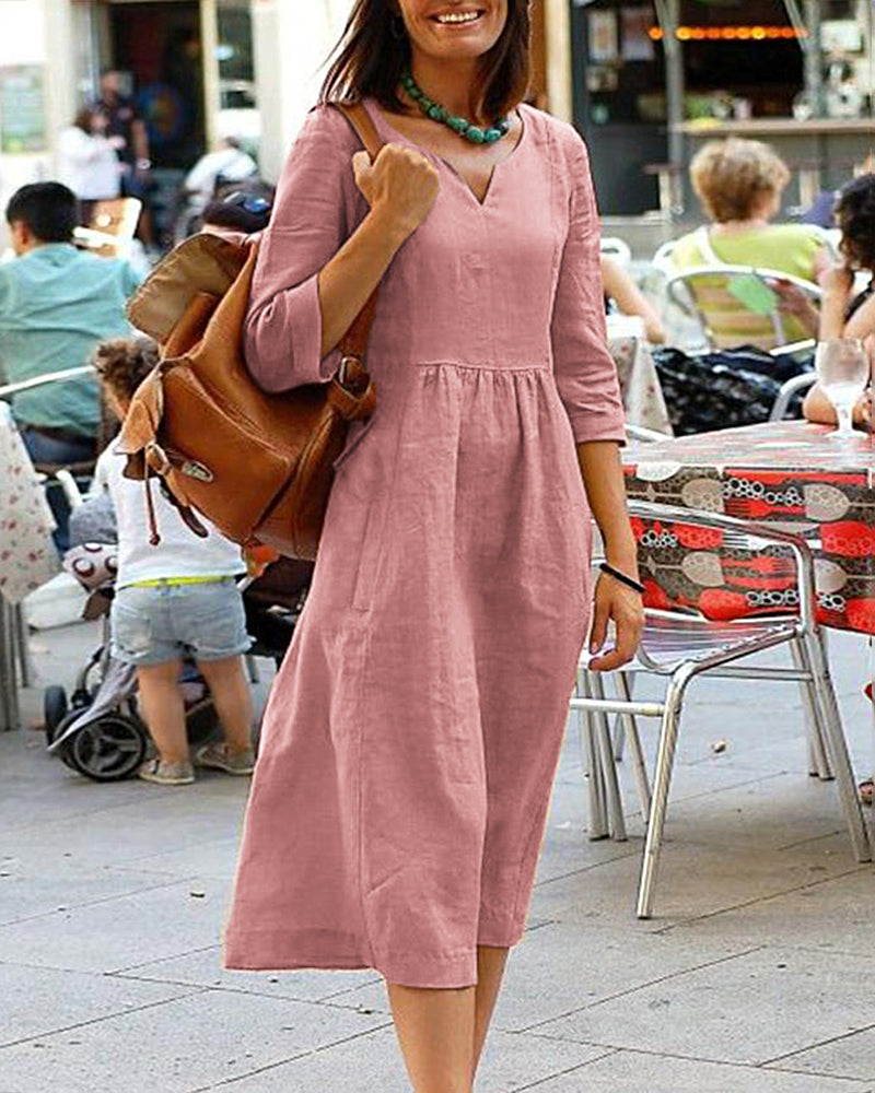 Women's Linen Blend Midi Dress - V-Neck, Three-Quarter Sleeve, Relaxed Fit Pink