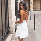 Women's Linen Blend Mini Dress - Halter Neck, V-Neck, A-Line Fit | White