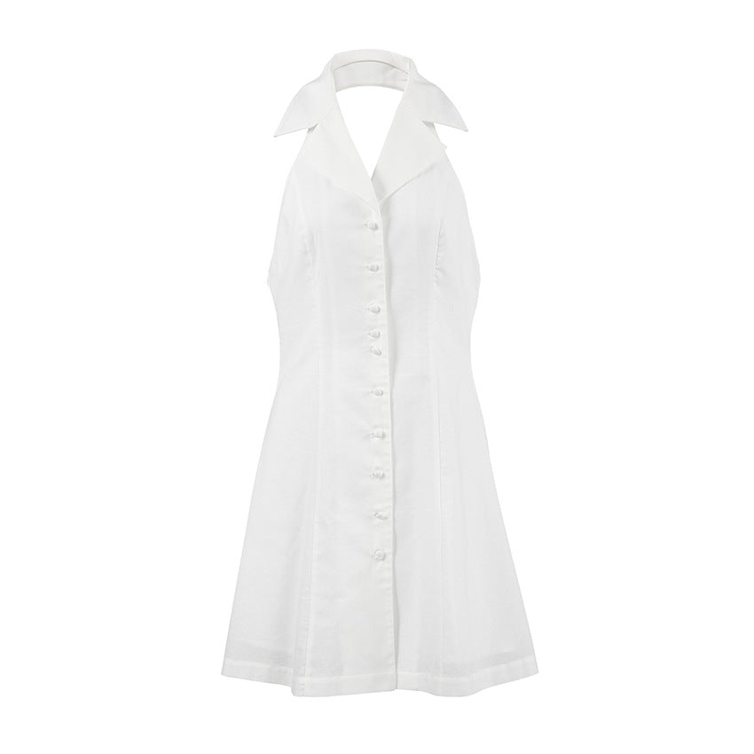 Women's Linen Blend Mini Dress - Halter Neck, V-Neck, A-Line Fit | White