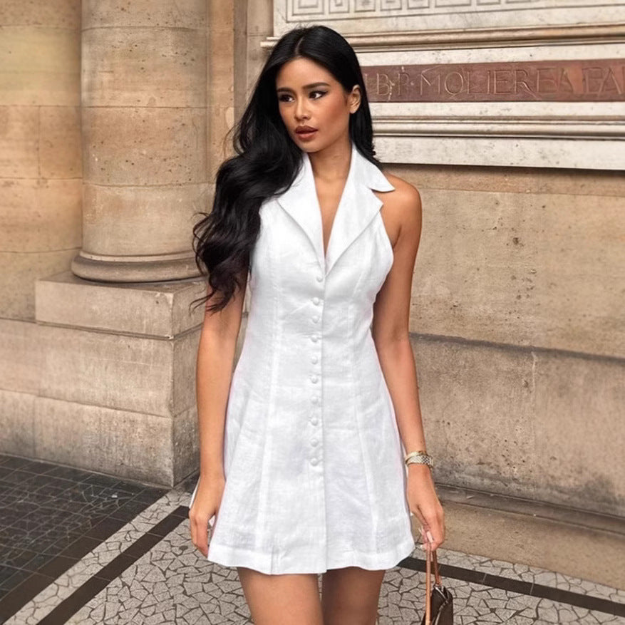 Women's Linen Blend Mini Dress - Halter Neck, V-Neck, A-Line Fit | White L