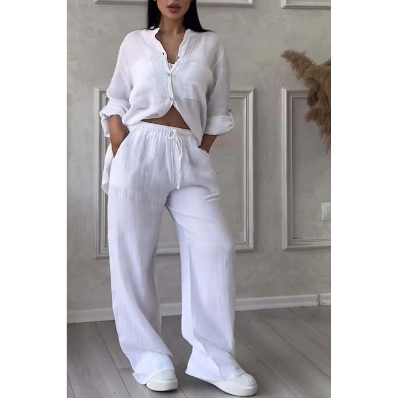 Women's Linen Blend Relaxed Fit Shirt & Wide Leg Trousers Set White