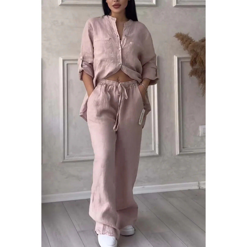 Women's Linen Blend Relaxed Fit Shirt & Wide Leg Trousers Set Pink