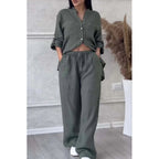 Women's Linen Blend Relaxed Fit Shirt & Wide Leg Trousers Set Grey