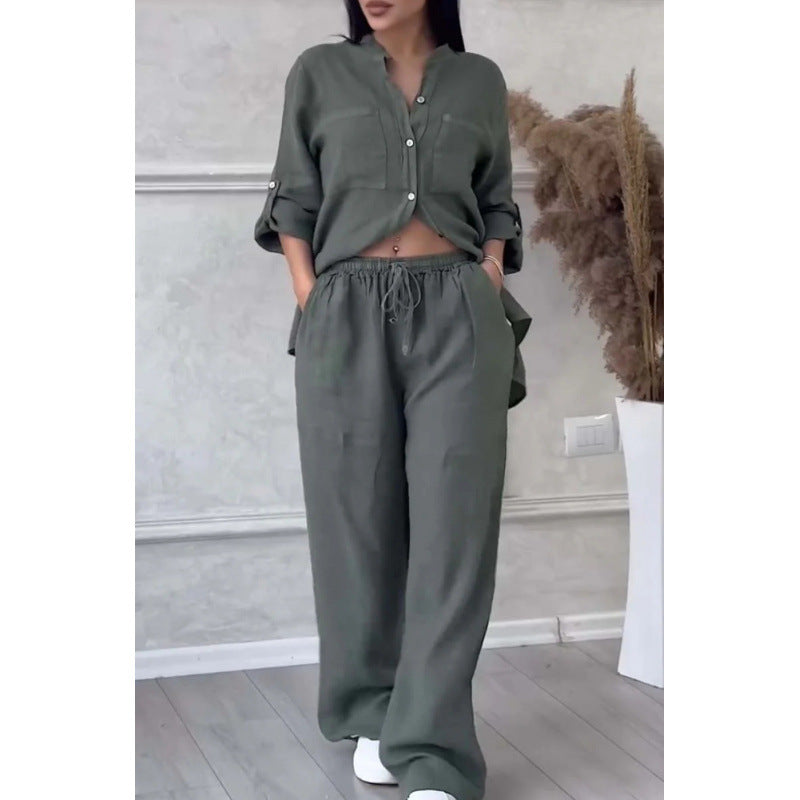 Women's Linen Blend Relaxed Fit Shirt & Wide Leg Trousers Set Grey