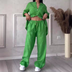 Women's Linen Blend Relaxed Fit Shirt & Wide Leg Trousers Set Green