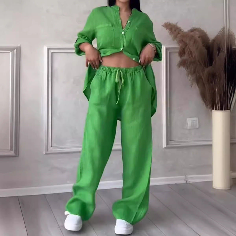 Women's Linen Blend Relaxed Fit Shirt & Wide Leg Trousers Set Green