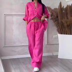 Women's Linen Blend Relaxed Fit Shirt & Wide Leg Trousers Set Rose Red