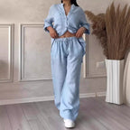 Women's Linen Blend Relaxed Fit Shirt & Wide Leg Trousers Set Light Blue