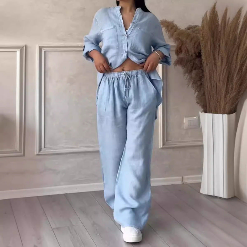 Women's Linen Blend Relaxed Fit Shirt & Wide Leg Trousers Set Light Blue