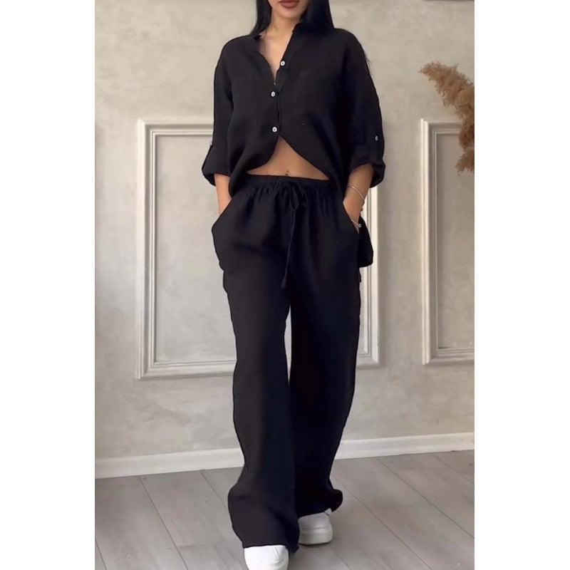 Women's Linen Blend Relaxed Fit Shirt & Wide Leg Trousers Set Black