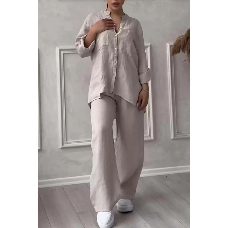Women's Linen Blend Relaxed Fit Shirt & Wide Leg Trousers Set Beige