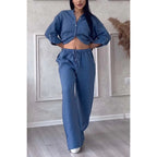 Women's Linen Blend Relaxed Fit Shirt & Wide Leg Trousers Set Navy
