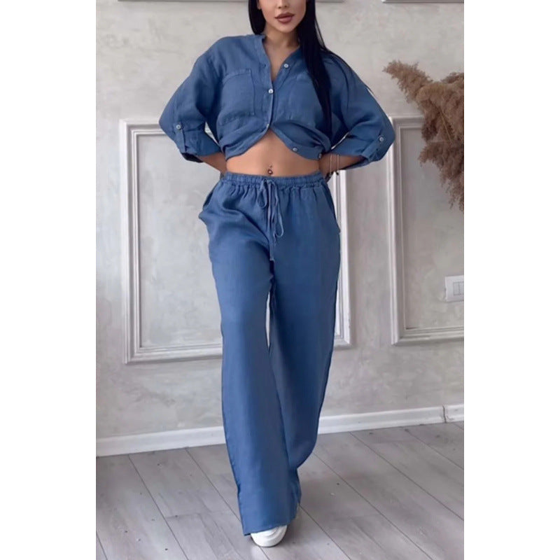Women's Linen Blend Relaxed Fit Shirt & Wide Leg Trousers Set Navy