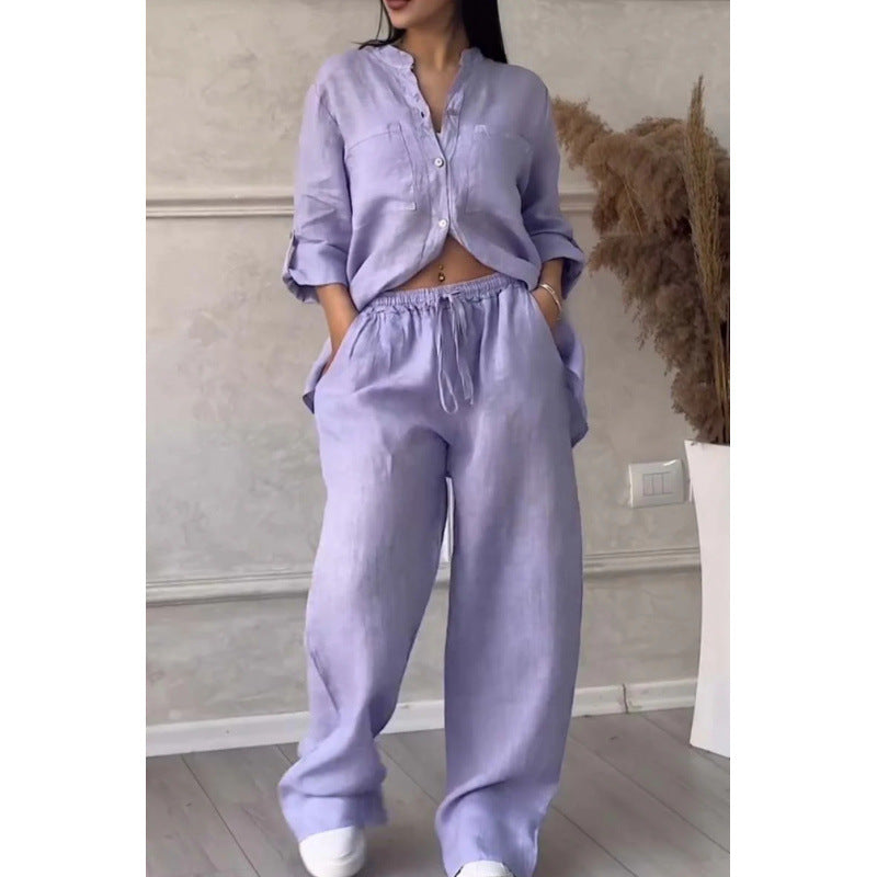 Women's Linen Blend Relaxed Fit Shirt & Wide Leg Trousers Set Purple