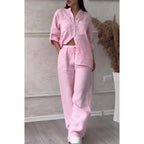 Women's Linen Blend Relaxed Fit Shirt & Wide Leg Trousers Set Light Pink