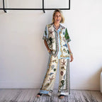 Women's Linen Blend Relaxed Fit Shirt & Wide Leg Trousers Set | Marine Print