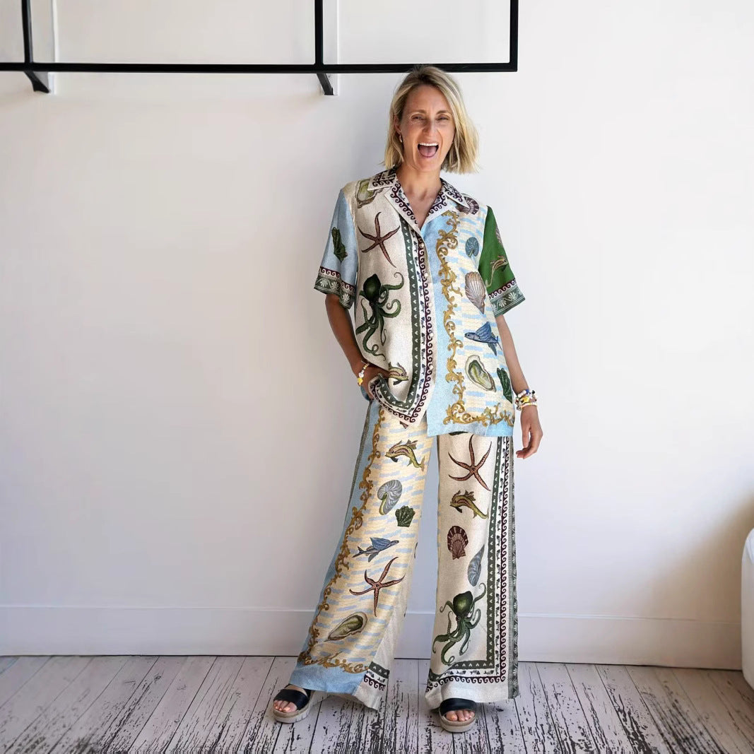 Women's Linen Blend Relaxed Fit Shirt & Wide Leg Trousers Set | Marine Print