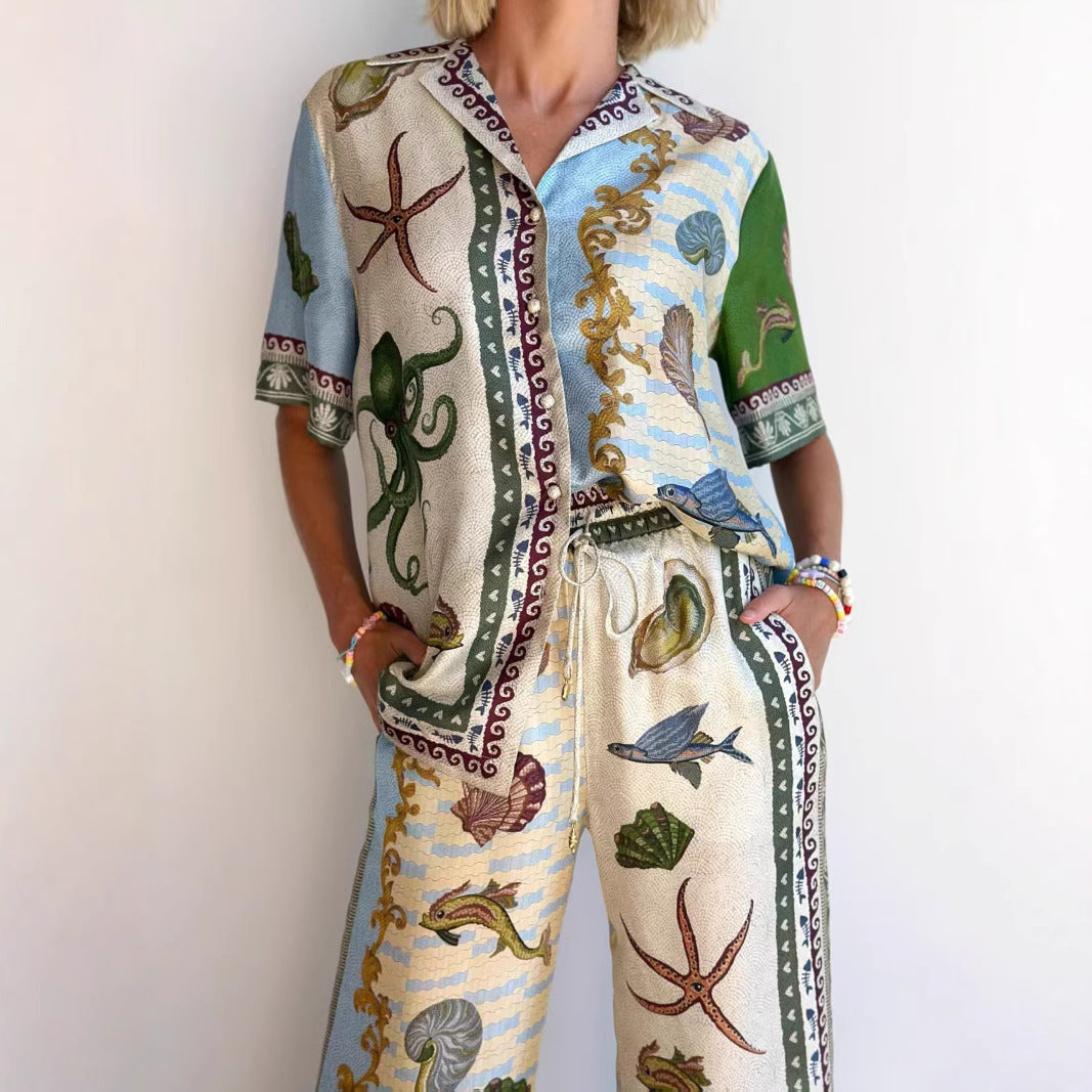 Women's Linen Blend Relaxed Fit Shirt & Wide Leg Trousers Set | Marine Print