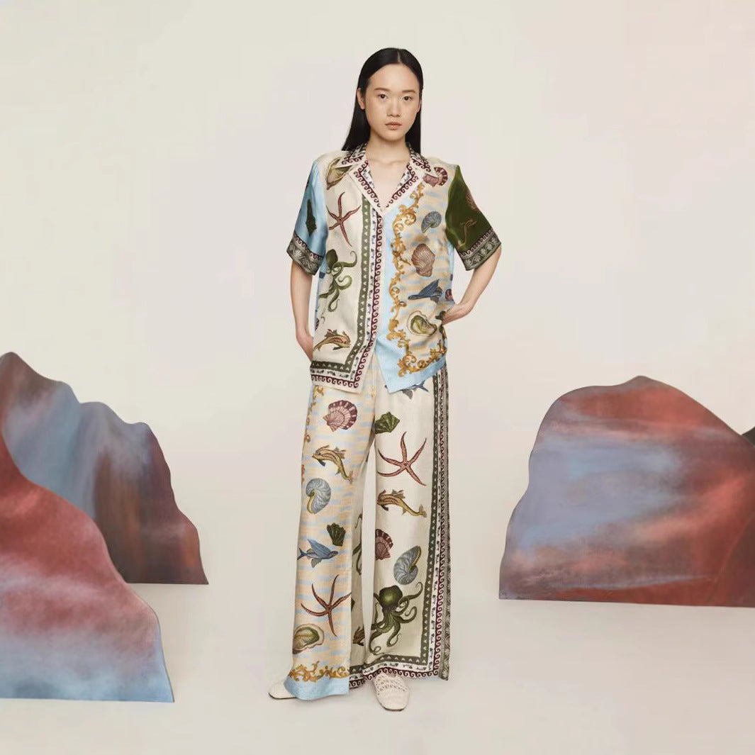 Women's Linen Blend Relaxed Fit Shirt & Wide Leg Trousers Set | Marine Print