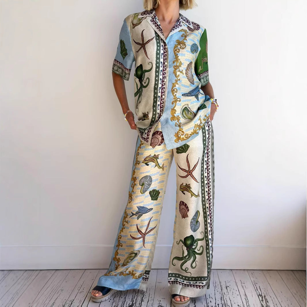 Women's Linen Blend Relaxed Fit Shirt & Wide Leg Trousers Set | Marine Print XXL