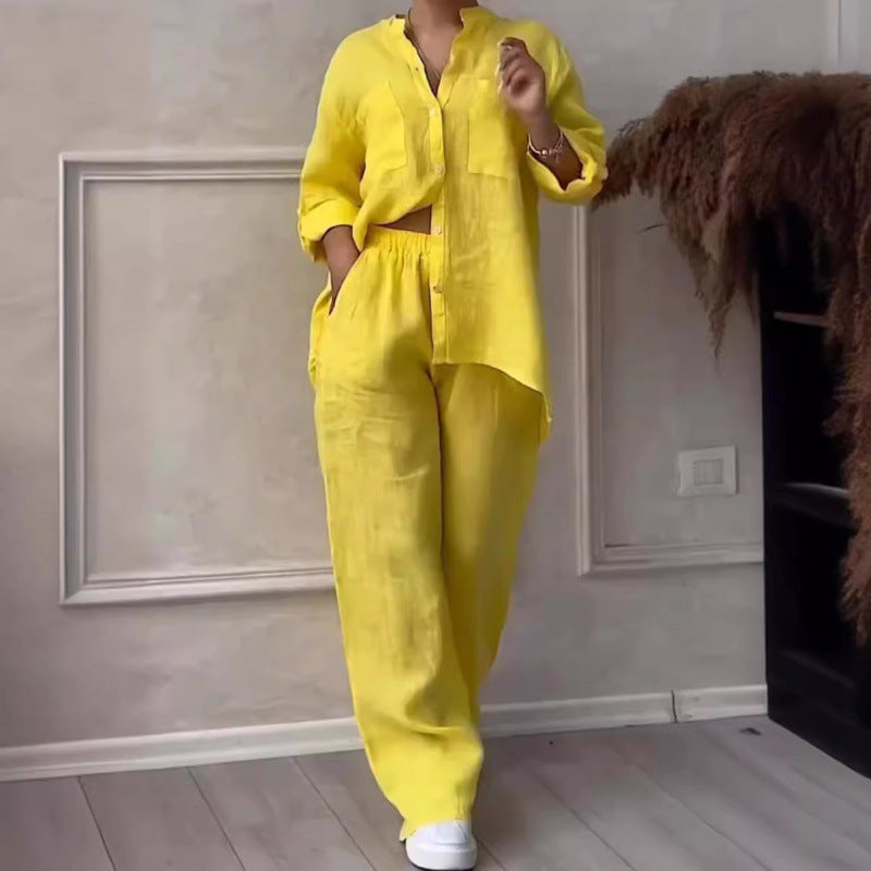 Women's Linen Blend Relaxed Fit Shirt & Wide Leg Trousers Set Yellow