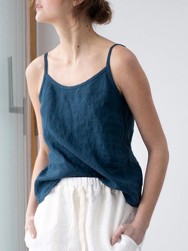 Women's Linen Blend Spaghetti Strap Top - Lightweight Summer Style Navy