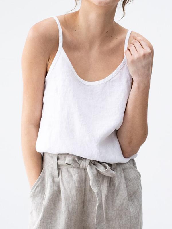 Women's Linen Blend Spaghetti Strap Top - Lightweight Summer Style White