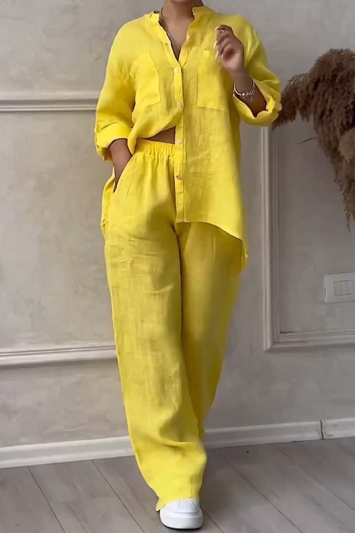 Women's Linen Blend Two-Piece Set - Button-Up Shirt & Wide-Leg Trousers Yellow