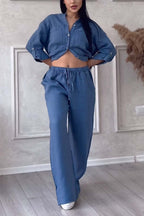 Women's Linen Blend Two-Piece Set - Button-Up Shirt & Wide-Leg Trousers Blue