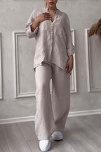 Women's Linen Blend Two-Piece Set - Button-Up Shirt & Wide-Leg Trousers Khaki