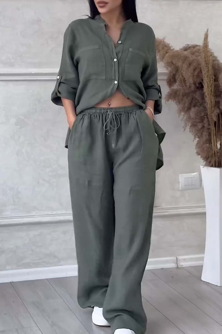Women's Linen Blend Two-Piece Set - Button-Up Shirt & Wide-Leg Trousers Dark Green