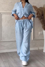 Women's Linen Blend Two-Piece Set - Button-Up Shirt & Wide-Leg Trousers Light Blue