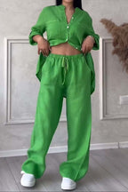 Women's Linen Blend Two-Piece Set - Button-Up Shirt & Wide-Leg Trousers Green
