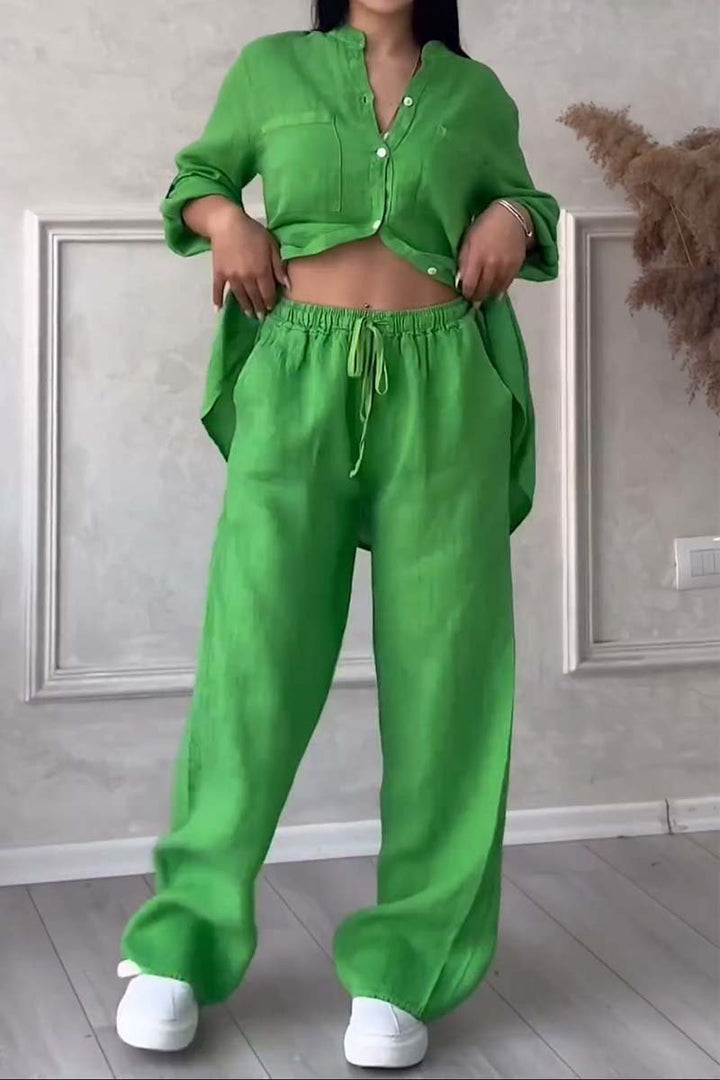 Women's Linen Blend Two-Piece Set - Button-Up Shirt & Wide-Leg Trousers Green