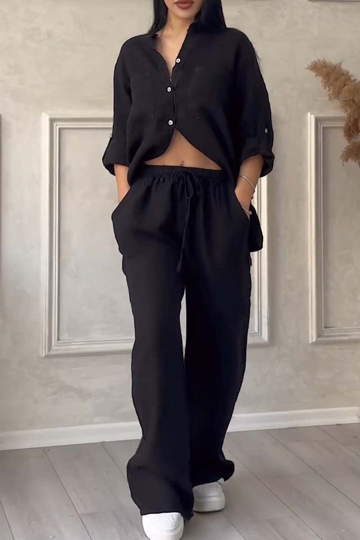 Women's Linen Blend Two-Piece Set - Button-Up Shirt & Wide-Leg Trousers Black