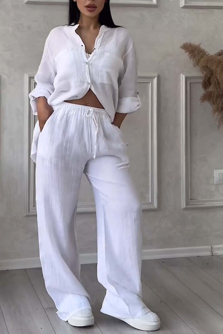 Women's Linen Blend Two-Piece Set - Button-Up Shirt & Wide-Leg Trousers White