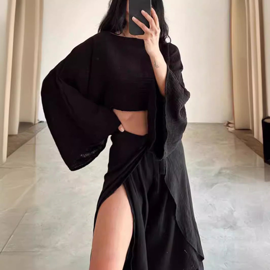 Women's Linen Blend Two-Piece Set - Cropped Top & Wide-Leg Trousers Black