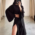 Women's Linen Blend Two-Piece Set - Cropped Top & Wide-Leg Trousers Black