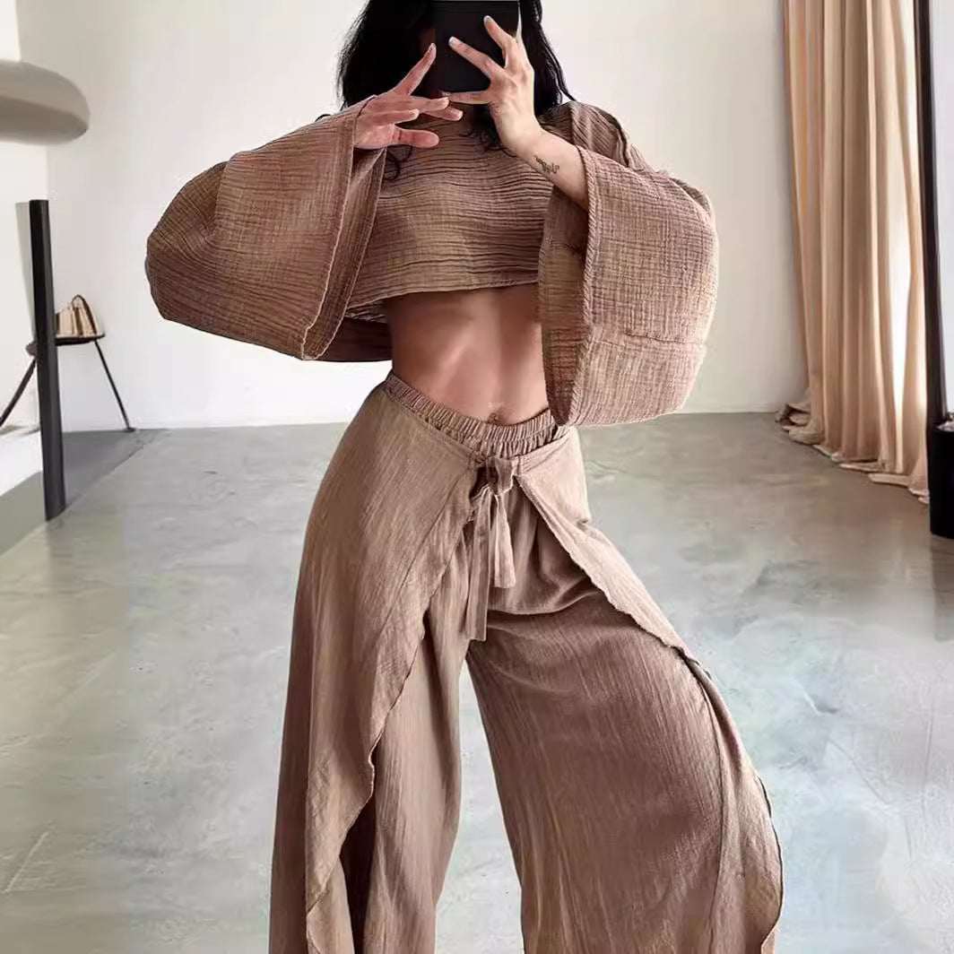 Women's Linen Blend Two-Piece Set - Cropped Top & Wide-Leg Trousers Brown