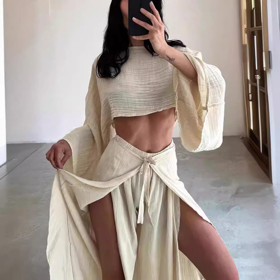 Women's Linen Blend Two-Piece Set - Cropped Top & Wide-Leg Trousers