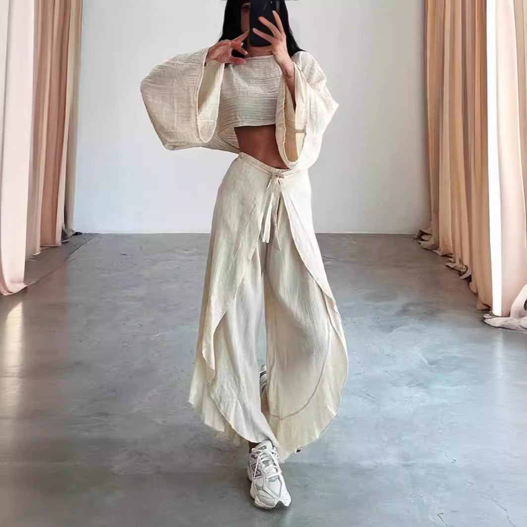 Women's Linen Blend Two-Piece Set - Cropped Top & Wide-Leg Trousers Beige