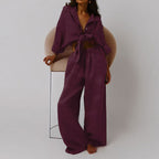 Women's Linen Blend Two-Piece Set - Oversized Button-Down & Wide-Leg Trousers Bordeaux