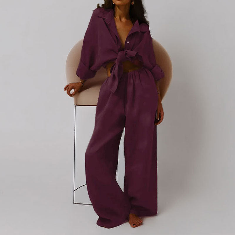 Women's Linen Blend Two-Piece Set - Oversized Button-Down & Wide-Leg Trousers Bordeaux