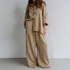 Women's Linen Blend Two-Piece Set - Oversized Button-Down & Wide-Leg Trousers